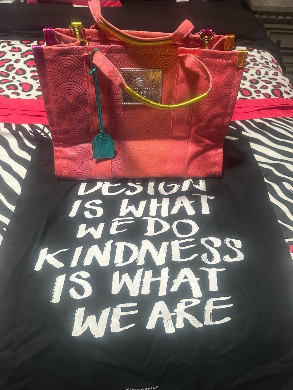 Kurt Geiger Coral to Pink Ombre Tote with Teal Tag